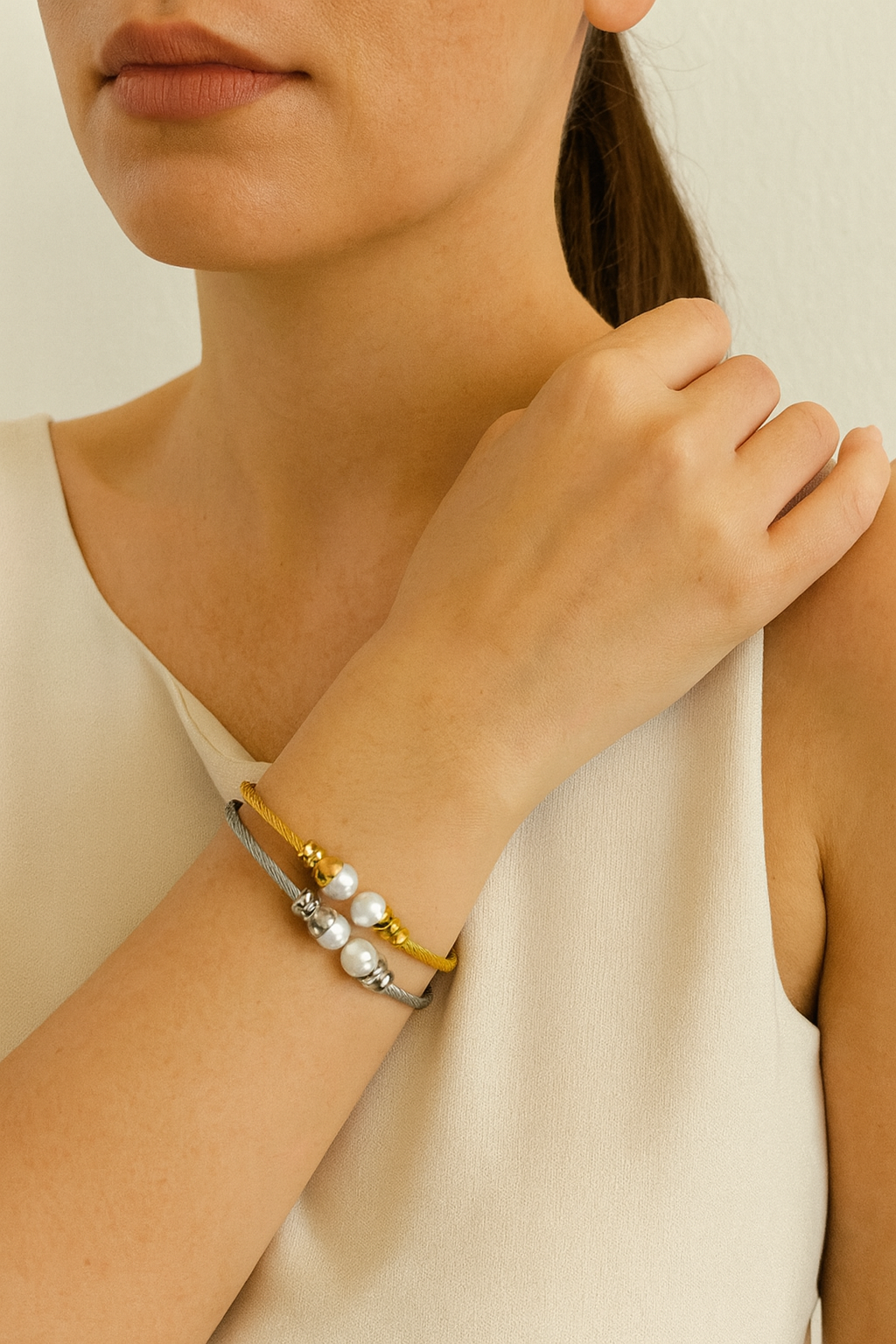 Stainless Steel Imitation Pearl Irregular Hip Hop Bangle Set - 18K Gold Plated