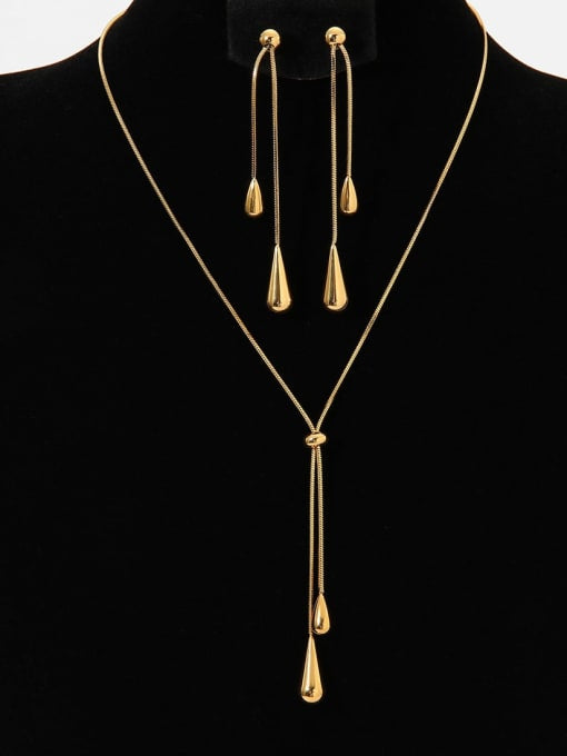 Water Drop Tassel Earring Necklace Set - 18K gold plated
