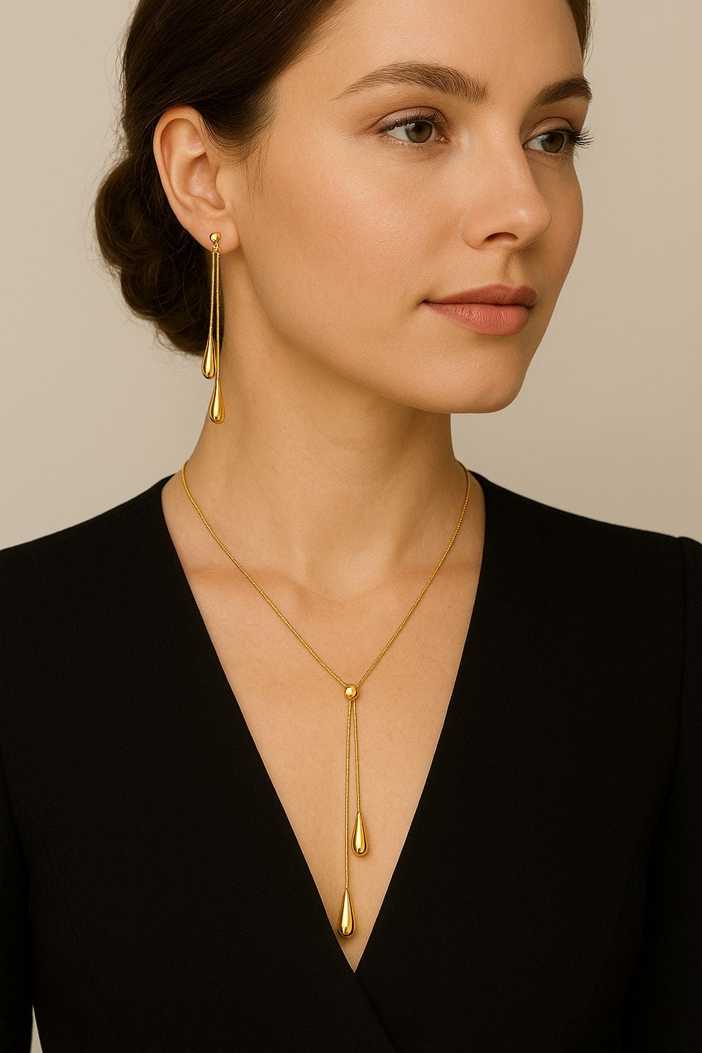 Water Drop Tassel Earring Necklace Set - 18K gold plated