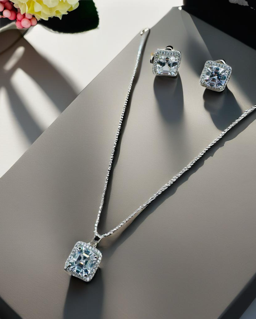 NOA's 925 Sterling Silver Cubic Zirconia Minimalist Geometric Earring and Necklace Set