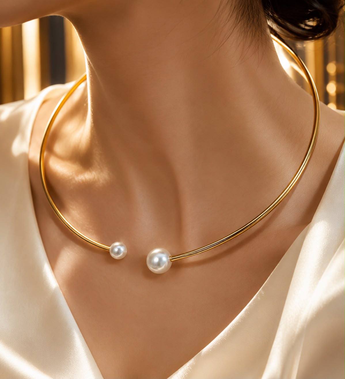 Titanium Steel Pearl Choker Necklace - 18K Gold Plated