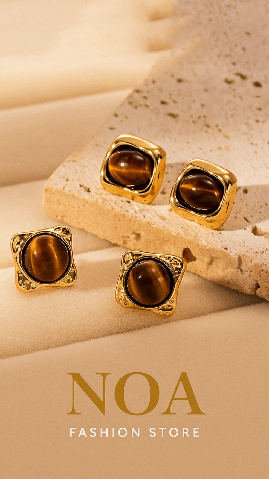 Aretes vintage ojo de tigre con baño de oro de 18K