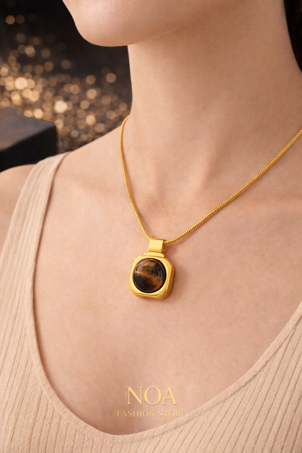 Combo de collar y aretes vintage ojo de tigre con baño de oro de 18K