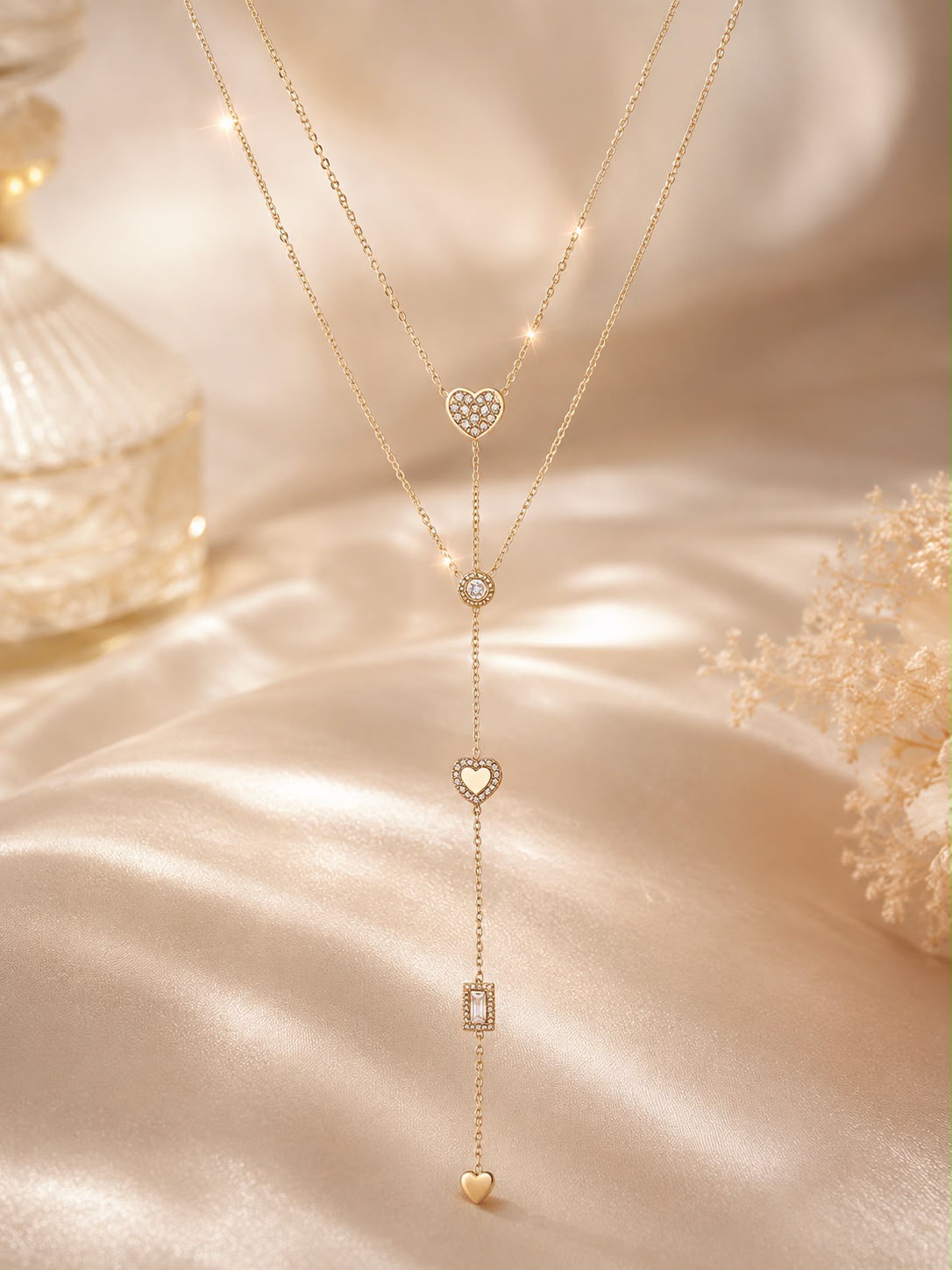 Collar de varias cadenas con caída y corazones - Dorado o plateado