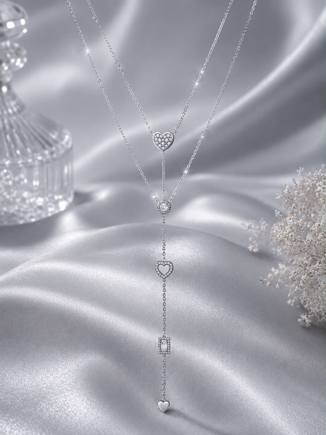 Collar de varias cadenas con caída y corazones - Dorado o plateado