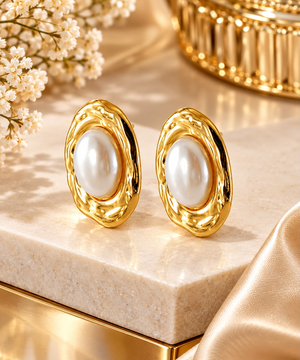Vintage Pearl Stud Earrings - 18K Gold Plated