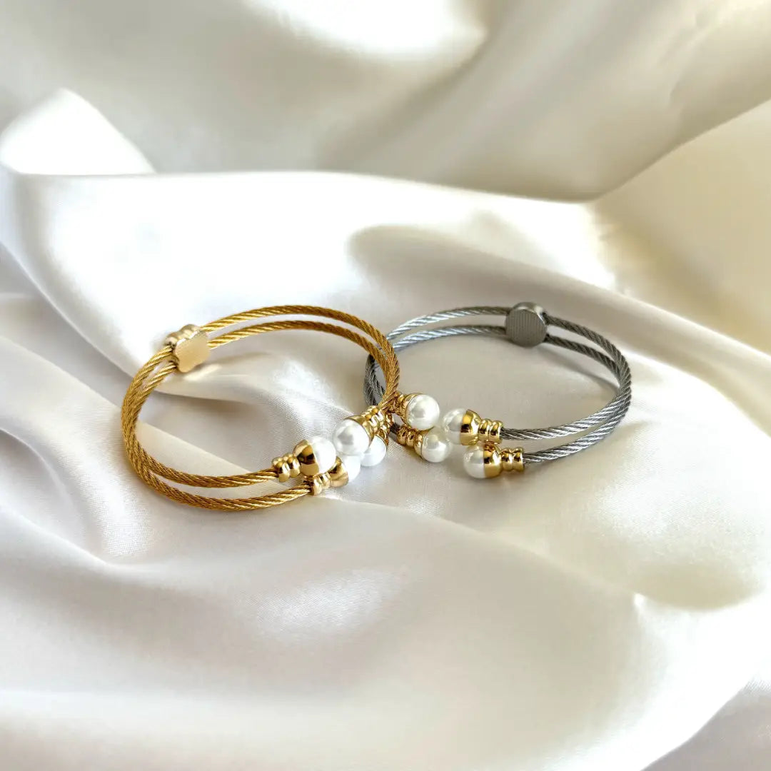 Stainless Steel Imitation Pearl Irregular Hip Hop Bangle Set - 18K Gold Plated