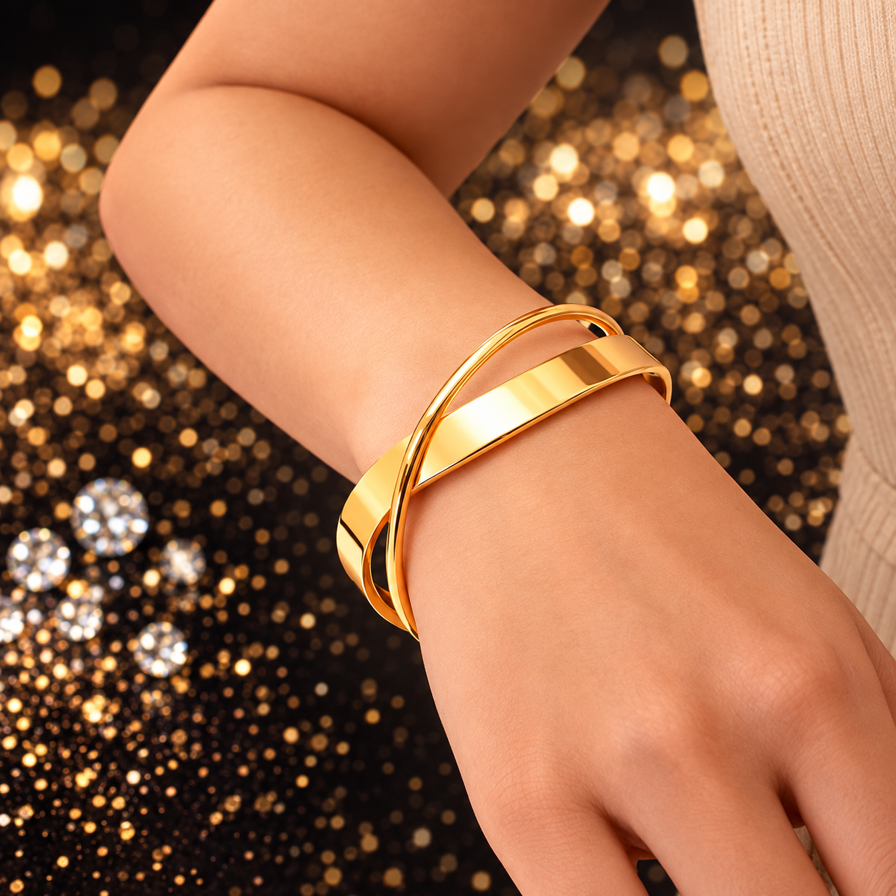 Brazalete abierto de líneas cruzadas - Dorado o plateado